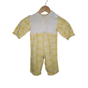 Vtg Health-tex Yellow Floral Lace Trim Romper 18 Months Made in USA 70s Retro